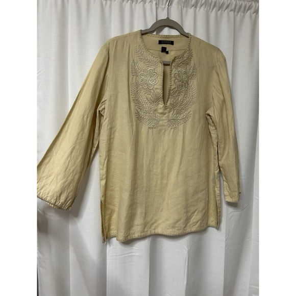 Lauren Ralph Lauren Top Womens L Beige Linen Embroidered Tunic Resort Beachy - Picture 2 of 5